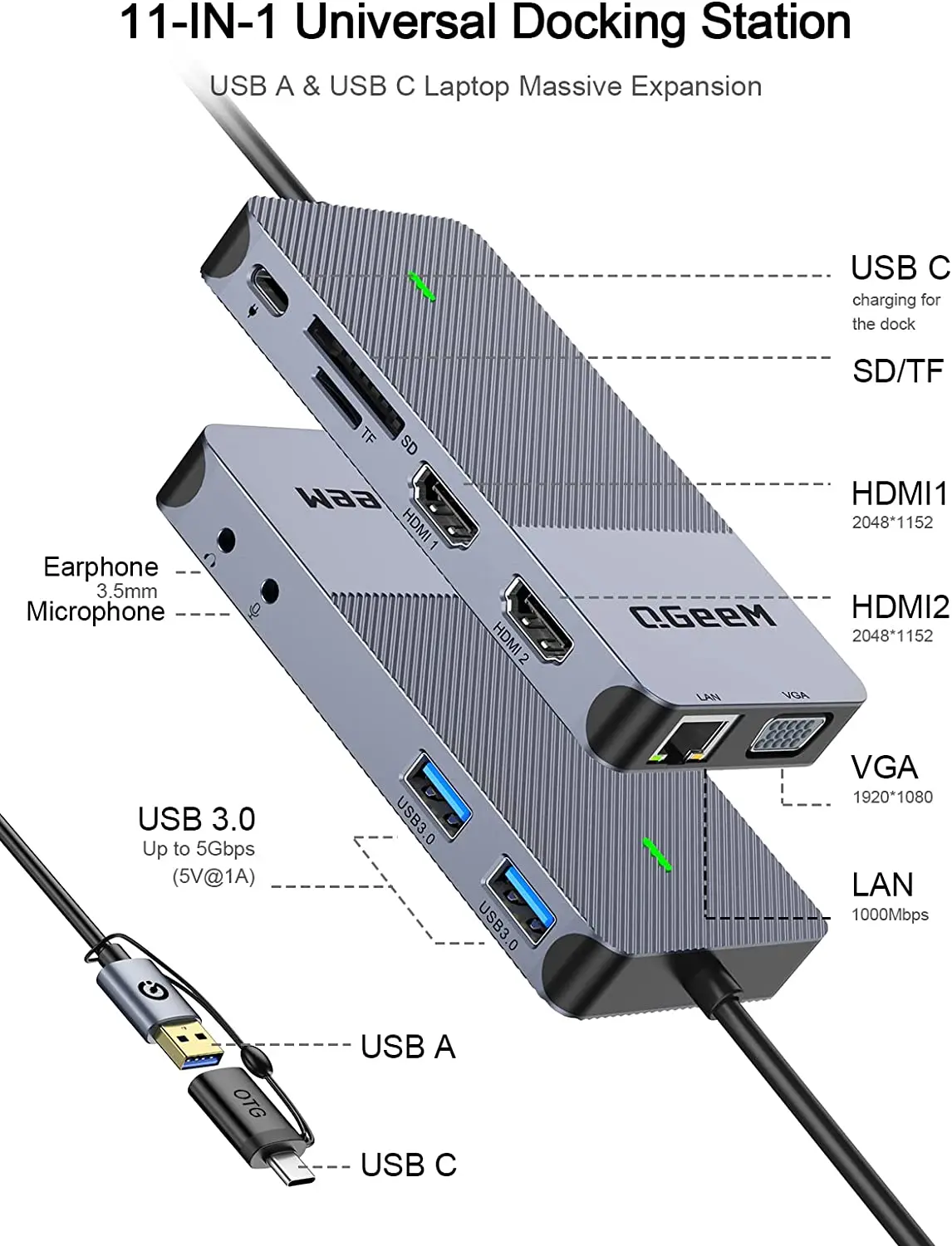 QGeeM USB 3.0 Docking Station, - Docking Station Usb C recensione e prezzo